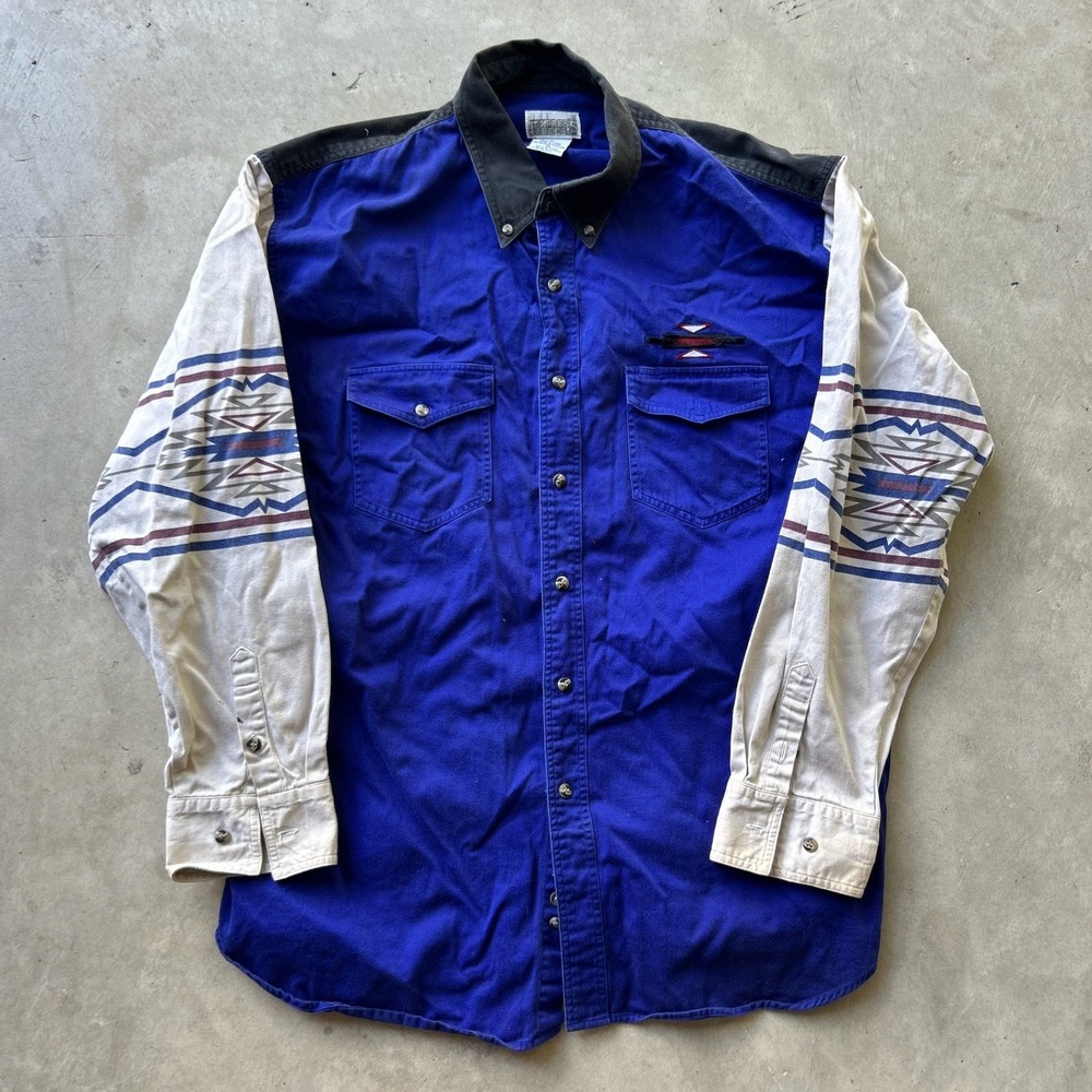 Express Rider Mens XL Blue Western Shirt Southwestern Tribal Print Long Sleeve
